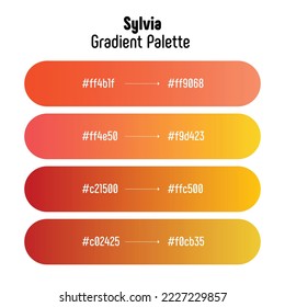 Theme name: Sylvia. Orange, yellow and pink gradient palette with color codes. Bright, trendy, frequently used transitional tones. Vector.