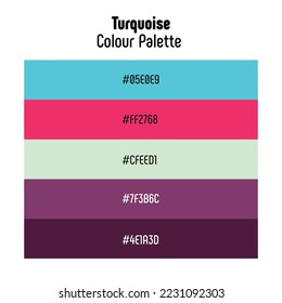 Nombre del tema: Turquesa. Paleta de colores con códigos de color. Tonos transitorios luminosos, modernos y utilizados con frecuencia. Vector.