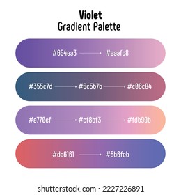 Theme name: Violet. Purple and pink gradient palette with color codes. Bright, trendy, frequently used transitional tones. Vector.