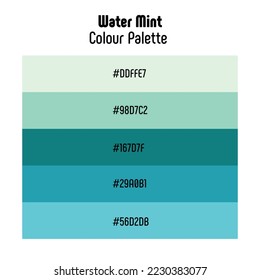 Theme name: Water Mint. Colour palette with color codes. Bright, trendy, frequently used transitional tones. Vector.