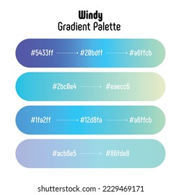Theme name: Windy. Blue-Purple gradient palette with color codes. Bright, trendy, frequently used transitional tones. Vector.