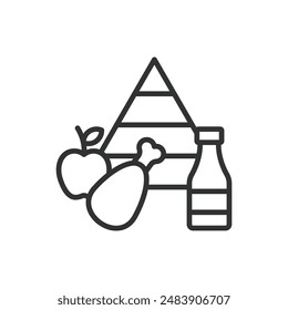 Para el tema de nutrición, en diseño de línea. Nutrición, alimentación saludable, dieta equilibrada, opciones de alimentos, equilibrio nutricional en el Vector de fondo blanco. Icono de trazo editable de Nutrición.