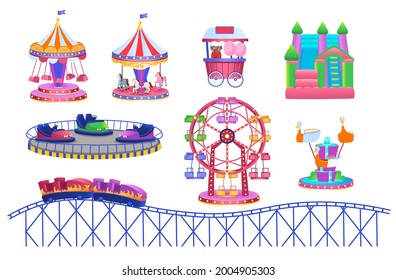 Theme Park big set with electric cars, ferris wheel, carrousel, trampoline. Amusement park. Vector illustration for children.