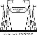 theme park castle gateway concept, fantasy amusement park entrance vector icon design,