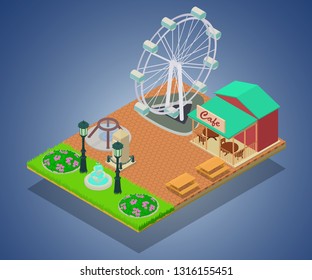 Theme park concept banner. Isometric banner of theme park vector concept for web, giftcard and postcard