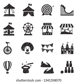 Theme Park Icons. Black Scribble Design. Vector Illustration.