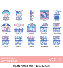 Theme park icons including clown, jester, parade, theater, magician, cafe, burger bar, donut shop, hot dog stall, toffee apple, pizza, crepe, pretzel, lemonade, drink.