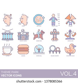 Theme park icons including nausea, vomit, age limit, height, parade, drum, ghost castle, horse ride, drop, swing ship, coffee, burger, water ball, roller coaster, shooting duck.