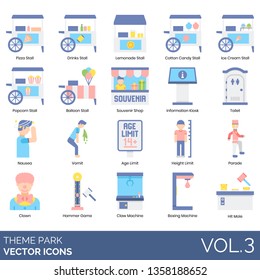 Theme park icons including pizza stall, drink, lemonade, cotton candy, ice cream, popcorn, balloon, souvenir shop, information kiosk, toilet, nausea, vomit, age limit, height, parade, clown, hammer.