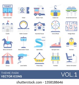 Theme Park Icons Including Ticket Counter, Steam Train, Cable Car, Small Monorail, Castle, Roller Coaster, Haunted House, Ferris Wheel, Hedge Maze, Merry Go Round, Observation Tower, Spiral Slide.