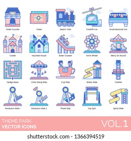 Theme Park Icons Including Ticket Counter, Steam Train, Chairlift Car, Small Monorail, Castle, Haunted House, Roller Coaster, Ferris Wheel, Merry Go Round, Hedge Maze, Chair Swing, Cup Ride, Freefall.