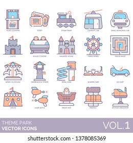 Theme park icons including ticket counter, steam train, chairlift car, small monorail, castle, roller coaster, haunted house, ferris wheel, hedge maze, merry go round, observation tower, spiral slide.