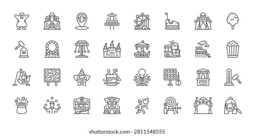 Theme Park icons in line design. theme park, amusement, rides, attraction, entertainment, carnival, recreation on white background vector. Theme Park editable stroke icons.