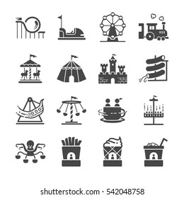 Theme park icons set. Included the icons as shop, Roller Coaster, amusement park, tent, castle, Carousel, Ferris wheel and more.
