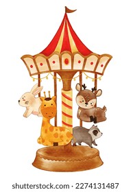 Theme park and merry go round with wildlife animals . Realistic watercolor paint with paper textured . Cartoon character design . Vector .
