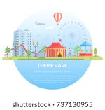 Theme park - modern flat design style vector illustration in a round frame with place for text on urban background. Cityscape with attractions, circus pavilion, big wheel. Entertainment concept