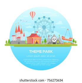 Theme park - modern vector illustration in a round frame with place for text. Different attractions, trees, carousels, castle, horror, hot air balloon and airplane in the sky. Entertainment concept