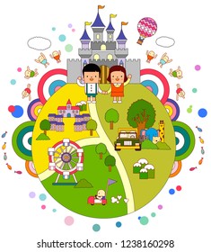 Theme park play facilities map and children