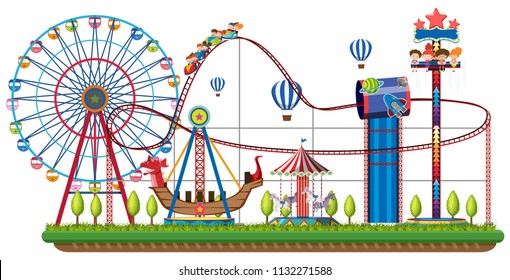 Theme park rides on white background illustration