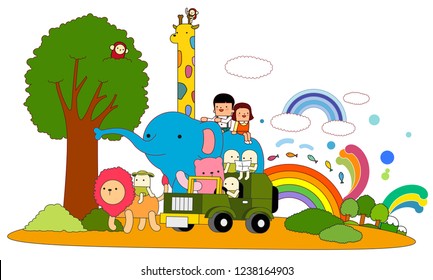 Theme park Safari animals and children