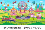 Theme Park scene with electric cars, ferris wheel, carrousel, trampoline. Amusement park. Vector illustration for children.