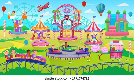 Theme Park Scene With Electric Cars, Ferris Wheel, Carrousel, Trampoline. Amusement Park. Vector Illustration For Children.