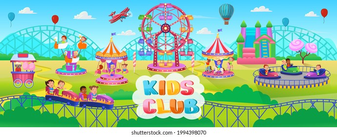 Theme Park scene with electric cars, ferris wheel, carrousel, trampoline. Amusement park. Vector illustration for children.The concept of a children's playroom, birthday, kids club, kindergarten