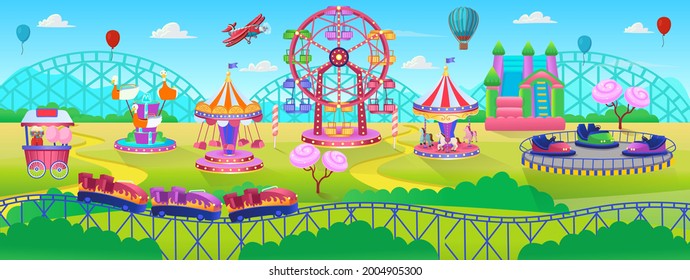 Theme Park scene with electric cars, ferris wheel, carrousel, trampoline. Amusement park. Vector illustration for children.