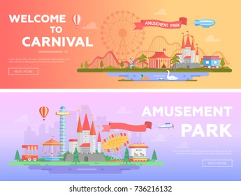 Theme park - set of modern flat vector illustrations with place for text. Two variants of funfair. Lovely cityscape with pond, attractions, houses, roller coaster, big wheel. Orange and purple colors