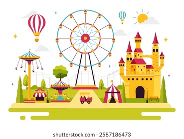 Theme Parks Vector Illustration featuring an Amusement Park with a Ferris wheel, Fun Game Booths, a Ticket Box, and Trade Fair Stalls in a Background