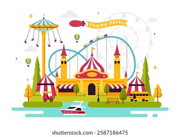 Theme Parks Vector Illustration featuring an Amusement Park with a Ferris wheel, Fun Game Booths, a Ticket Box, and Trade Fair Stalls in a Background