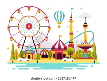 Theme Parks Vector Illustration featuring an Amusement Park with a Ferris wheel, Fun Game Booths, a Ticket Box, and Trade Fair Stalls in a Background