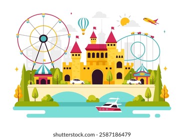 Theme Parks Vector Illustration featuring an Amusement Park with a Ferris wheel, Fun Game Booths, a Ticket Box, and Trade Fair Stalls in a Background