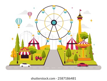 Theme Parks Vector Illustration featuring an Amusement Park with a Ferris wheel, Fun Game Booths, a Ticket Box, and Trade Fair Stalls in a Background