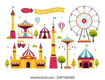 Theme Parks Vector Illustration featuring an Amusement Park with a Ferris wheel, Fun Game Booths, a Ticket Box, and Trade Fair Stalls in a Background