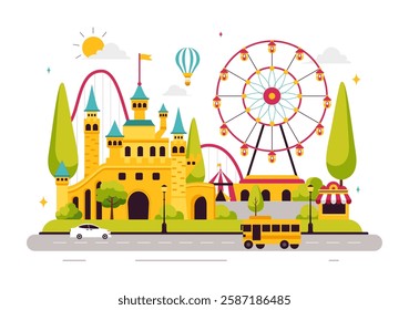 Theme Parks Vector Illustration featuring an Amusement Park with a Ferris wheel, Fun Game Booths, a Ticket Box, and Trade Fair Stalls in a Background