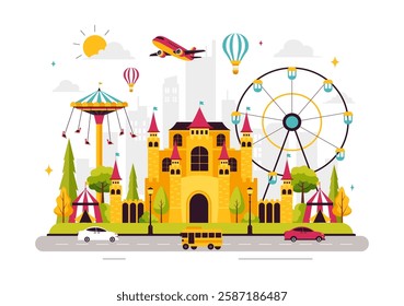 Theme Parks Vector Illustration featuring an Amusement Park with a Ferris wheel, Fun Game Booths, a Ticket Box, and Trade Fair Stalls in a Background