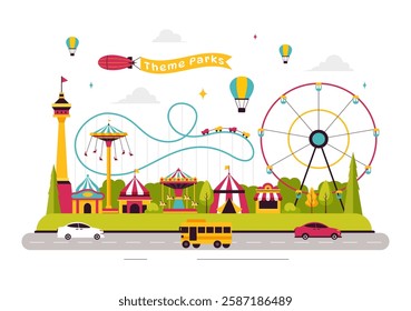 Theme Parks Vector Illustration featuring an Amusement Park with a Ferris wheel, Fun Game Booths, a Ticket Box, and Trade Fair Stalls in a Background