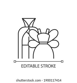 Theme party linear icon. Vampire, magician, fairy costumes for children. Dressing for kid. Thin line customizable illustration. Contour symbol. Vector isolated outline drawing. Editable stroke