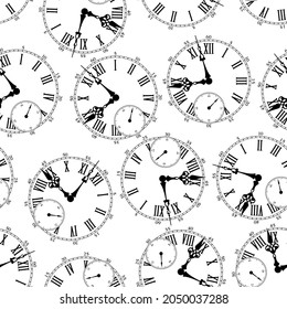 The theme of the passing time. Seamless pattern with vintage pattern of clock dial. Vector illustration