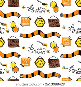 Theme pattern is honey, bees. Texture with names on the board, scarf, honeycomb. Seamless with black lines. Theme of the items is the honey hexagon. objects are insects related to theme of bees, honey
