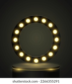 Visualización del producto del tema. Podio negro y dorado sobre fondo negro. Vector.