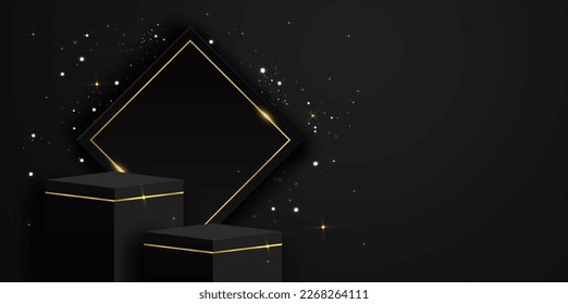 Theme product display. Black and gold podium on black background. Vector.
