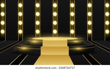 Theme product display. Black and gold podium on black background. Vector.