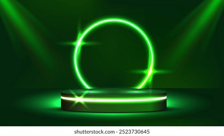 Theme product display podium neon laser green cyber background. Vector.