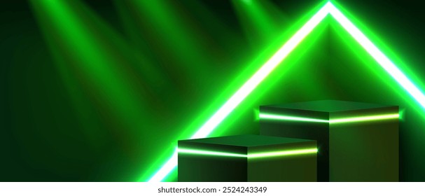 Produto tema exibição pódio neon laser verde cibernético fundo. Vetor.