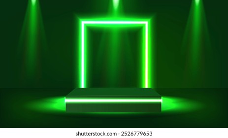 Tema producto de exhibición de podio láser de neón de fondo cibernético verde. Vector.