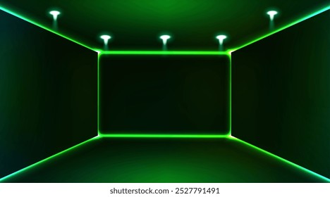 Produto tema exibição pódio neon laser verde cibernético fundo. Vetor.