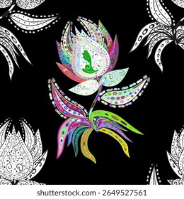 Theme seamless pattern Background. Flat Flower Elements Design.seamless Floral Pattern in vector illustration Beautiful fabric pattern. Colour Spring. Black background. Vector.