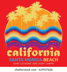 Theme of surfing with text California, Santa Monica Beach. Typography, t-shirt graphics, poster, print, banner or postcard, vector illustration
